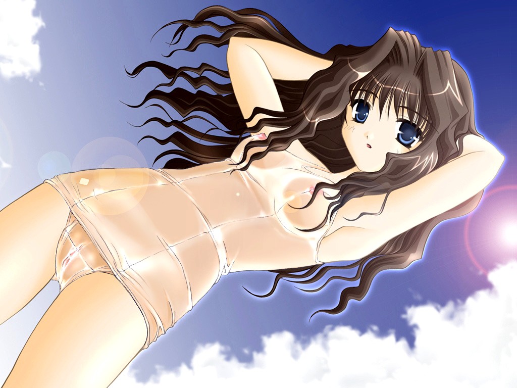 skyhouse, misaka kaori, kanon, 1girl, armpits, arms up, day, dutch angle, female focus, hair between eyes, hair intakes, lens flare, nipples, one-piece swimsuit, outdoors, pussy, school swimsuit, see-through clothes, shirt, sky, solo, sun, swimsuit, wet, wet clothes, wet shirt, white one-piece swimsuit, white school swimsuit