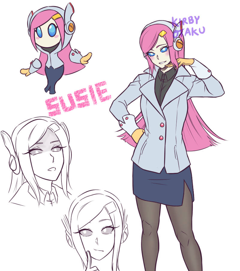 kirby otaku, susie (kirby), kirby: planet robobot, kirby (series), nintendo, commentary, english commentary, 1girl, 2024, artist name, blue eyes, blue skirt, blush, blush stickers, business suit, character name, cowboy shot, female focus, finger to cheek, formal clothes, gloves, headgear, humanization, lapels, multiple expressions, notched lapels, pantyhose, rayman limbs, robot, simple background, skirt, straight hair, suit, undershirt, white background, wrist cuffs, yellow gloves