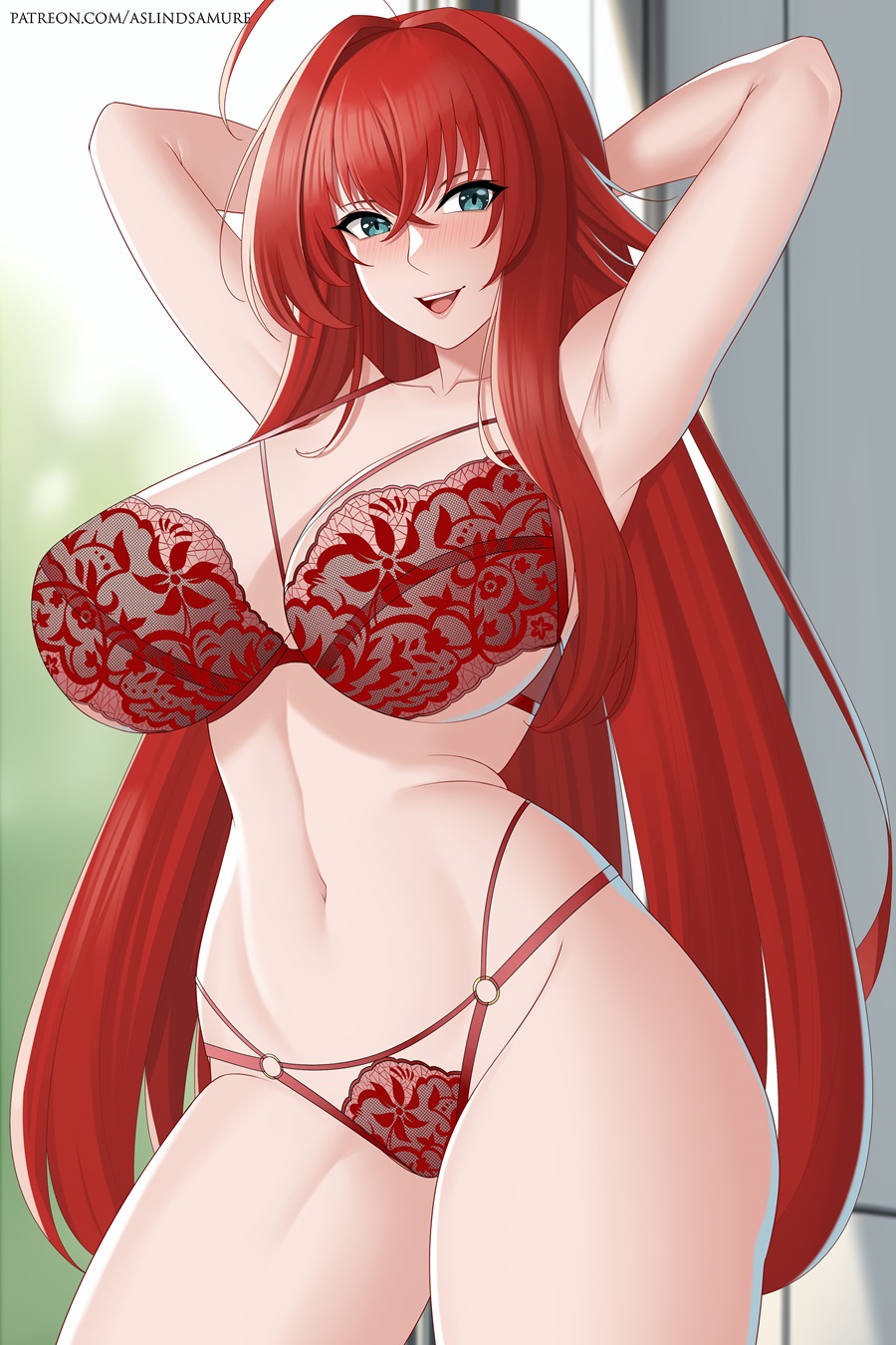 aslindsamure, rias gremory, high school dxd, 1girl, blush, bra, breasts, large breasts, long hair, panties, red hair, smile, underwear