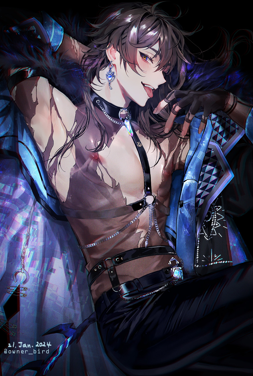 owner bird, eiden (nu carnival), nu carnival, crystal necklace, highres, 1boy, abs, antenna hair, arm behind head, arm strap, arm up, armpits, bare pectorals, belt, bishounen, black background, black belt, black gloves, black jacket, black pants, black shirt, blue gemstone, blush, brown eyes, brown hair, chain, chain necklace, chest harness, choker, covered erect nipples, dated, earrings, eiden (salacious king) (nu carnival), fang, fingerless gloves, fingernails, fur-trimmed jacket, fur trim, gem, gloves, hair between eyes, harness, jacket, jewelry, leather, leather pants, long hair, long sleeves, looking at viewer, male focus, necklace, nipples, o-ring, o-ring choker, o-ring harness, off shoulder, official alternate costume, official alternate hair length, official alternate hairstyle, open clothes, open jacket, open mouth, pants, pectorals, pendant, piercing, revealing clothes, see-through clothes, see-through shirt, shirt, simple background, sitting, smile, solo, teeth, tongue, tongue out, torn clothes, torn pants, torn shirt, twitter username