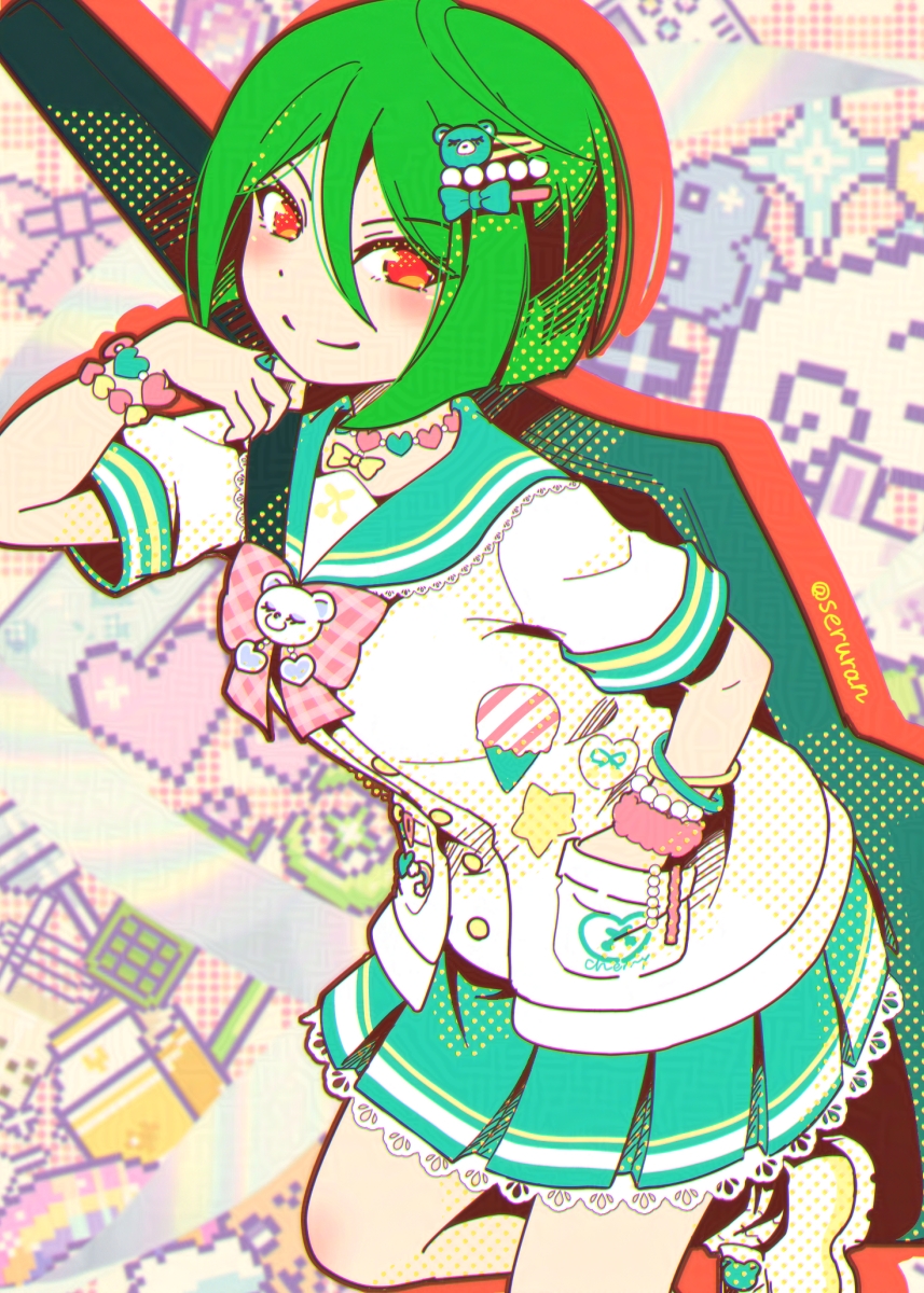 satsuki suzuran, midorikawa sara, kiratto pri chan, pretty series, commentary request, highres, 1girl, blunt ends, bow, bracelet, closed mouth, cowboy shot, drop shadow, frilled skirt, frills, green hair, green sailor collar, green skirt, hair ornament, hairclip, hand up, jewelry, looking at viewer, multiple bracelets, pink bow, pleated skirt, red eyes, sailor collar, shirt, shoes, short hair, skirt, smile, solo, standing, standing on one leg, star (symbol), swept bangs, white shirt