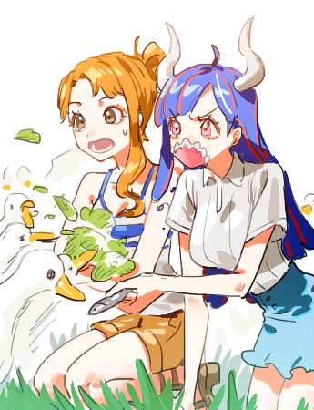 raine (acke2445), nami (one piece), ulti (one piece), one piece, commentary, lowres, symbol-only commentary, 2girls, animal, bird, blue hair, blue skirt, brown eyes, camisole, duck, feeding, high ponytail, horns, long hair, mask, mouth mask, multiple girls, open mouth, orange hair, pink eyes, ponytail, sandals, seiza, shirt, shorts, shoulder tattoo, single sidelock, sitting, skirt, spaghetti strap, sweatdrop, tattoo, wavy hair, white background, white camisole, white shirt, yellow shorts