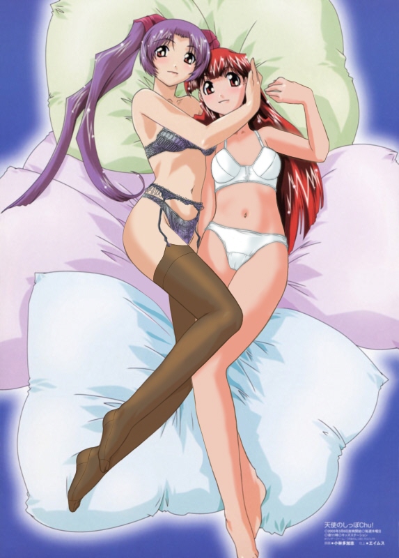 kobayashi takashi, kingyo no ran, usagi no mika, megami magazine, tenshi no shippo, tenshi no shippo chu!, brown legwear, official art, 00s, 2girls, bed, blush, bra, breasts, from above, garter belt, garter straps, hair tubes, hand on another's head, head tilt, lace, light smile, lingerie, long hair, looking at viewer, lying, multiple girls, navel, on back, on side, outline, panties, pillow, plantar flexion, purple bra, purple hair, purple panties, red eyes, red hair, small breasts, smile, sparkle, strapless, strapless bra, thighhighs, twintails, underwear, underwear only, very long hair, white bra, white panties, yuri