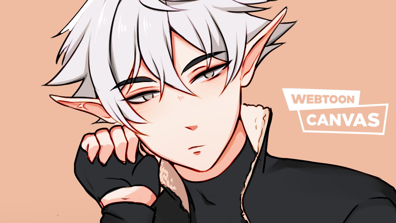 elfboiii, promotional art, 1boy, 1hp club, black gloves, bored, double-parted bangs, fingerless gloves, gloves, grey eyes, hair between eyes, hand on own face, male focus, obi (1hp club), pointy ears, short hair, solo, upper body, watermark, white hair