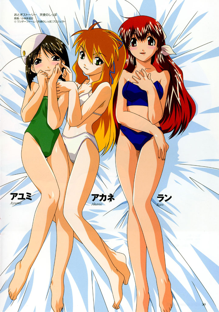 kobayashi takashi, kame no ayumi, kingyo no ran, kitsune no akane, tenshi no shippo, official art, 00s, 3girls, :d, bandeau, barefoot, bed, bed sheet, beret, bikini, black hair, blonde hair, blue bikini, blue eyes, blush, breasts, casual one-piece swimsuit, character name, cleavage, clenched hand, dakimakura (medium), everyone, flat chest, from above, green eyes, green one-piece swimsuit, hair between eyes, hair ribbon, hand on another's shoulder, hand on own chest, hand on own face, hand on own thigh, hat, indoors, legs, light smile, long hair, long legs, looking at viewer, lying, medium breasts, multiple girls, navel, on back, on bed, on side, one-piece swimsuit, open mouth, orange hair, page number, parted bangs, red eyes, red hair, ribbon, short hair, small breasts, smile, sparkle, swimsuit, thigh gap, white bikini