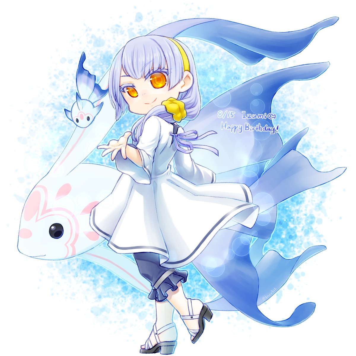 kano52k, elefee, izumi (under night in-birth), under night in-birth, highres, 1girl, character name, dated, dress, familiar, fish, grey hair, hair ornament, hairband, happy birthday, long hair, looking at viewer, open mouth, sandals, side ponytail, white dress, yellow eyes, yellow hairband