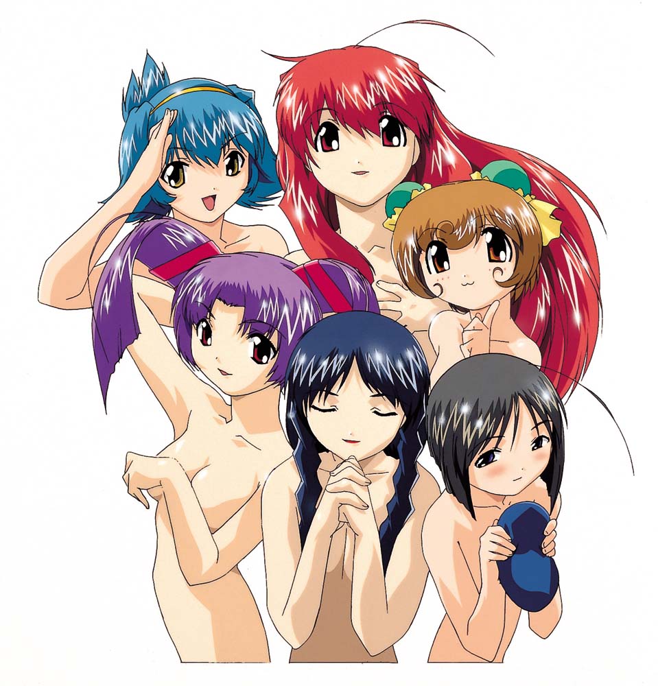 hamster no kurumi, hebi no yuki, inko no tsubasa, kame no ayumi, kingyo no ran, saru no momo, usagi no mika, tenshi no shippo, official art, 00s, 6+girls, :3, :d, age difference, ahoge, arm behind head, arm up, armpits, beret, black hair, blue eyes, blush, bob cut, braid, breasts, brown eyes, brown hair, censored, convenient censoring, covering breasts, covering privates, everyone, flat chest, flipped hair, folded ponytail, hair ribbon, hairband, hat, index finger raised, interlocked fingers, lipstick, long hair, looking at viewer, makeup, mature female, multiple girls, nude, open mouth, own hands clasped, own hands together, parted bangs, purple hair, red eyes, red hair, red lips, ribbon, salute, short hair, simple background, small breasts, smile, sparkle, twin braids, twintails, unworn hat, unworn headwear, upper body, very long hair, white background, yellow eyes