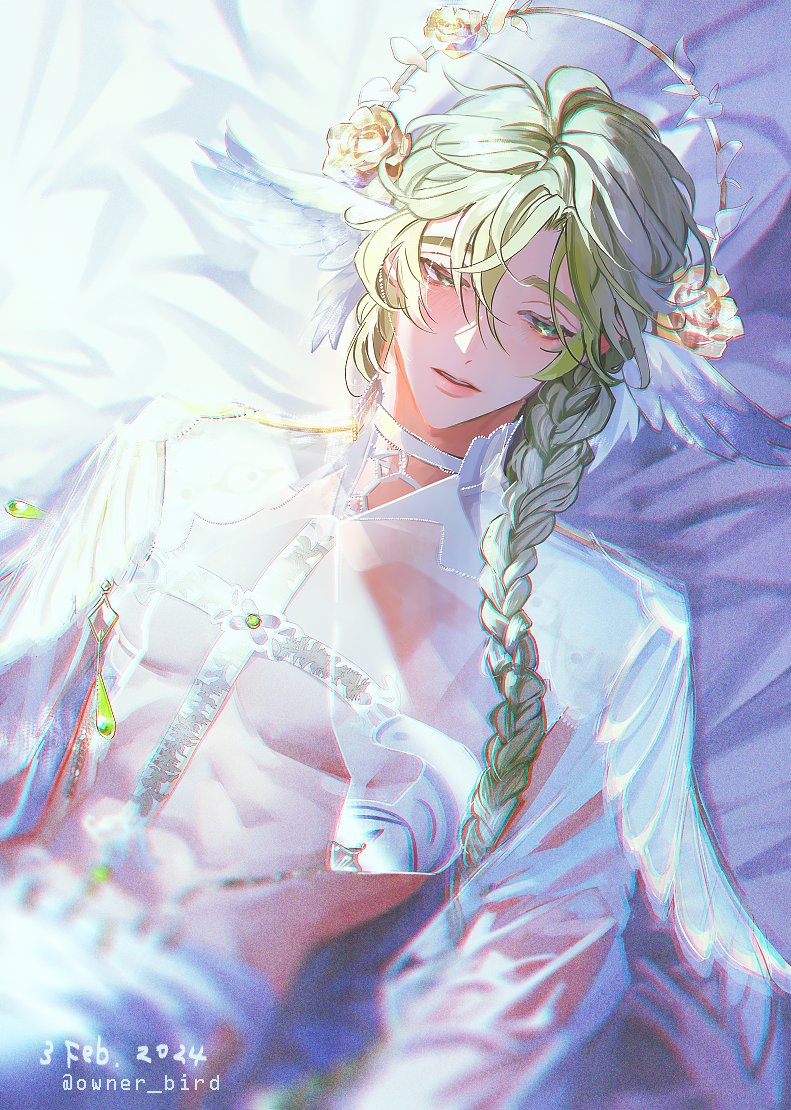 owner bird, olivine (nu carnival), nu carnival, 1boy, abs, androgynous, angel wings, antenna hair, bare pectorals, bed sheet, belt, bishounen, blurry, blurry foreground, braid, braided ponytail, capelet, chest harness, choker, chromatic aberration, dated, depth of field, feathered wings, feathers, flower, gem, green eyes, green gemstone, green hair, hair between eyes, hair flower, hair ornament, hair over shoulder, harness, head wings, long hair, long sleeves, looking at viewer, lying, male focus, official alternate costume, on back, on bed, pants, parted lips, pectorals, pillow, revealing clothes, see-through capelet, see-through clothes, see-through sleeves, single braid, solo, twitter username, upper body, white belt, white capelet, white choker, white pants, white wings, wings, yellow flower