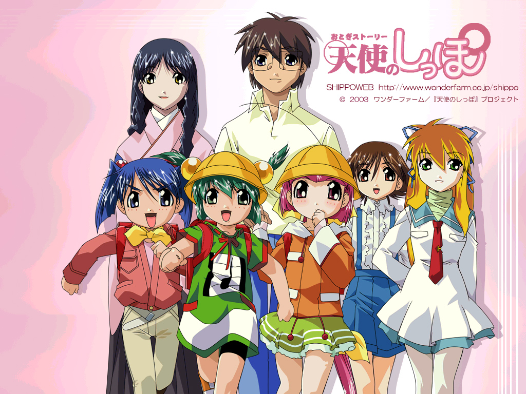inu no nana, kaeru no ruru, kitsune no akane, mutsumi gorou, saru no momo, tanuki no midori, tenshi no shippo, 00s, 1boy, 6+girls, child, everyone, hat, multiple girls, school hat