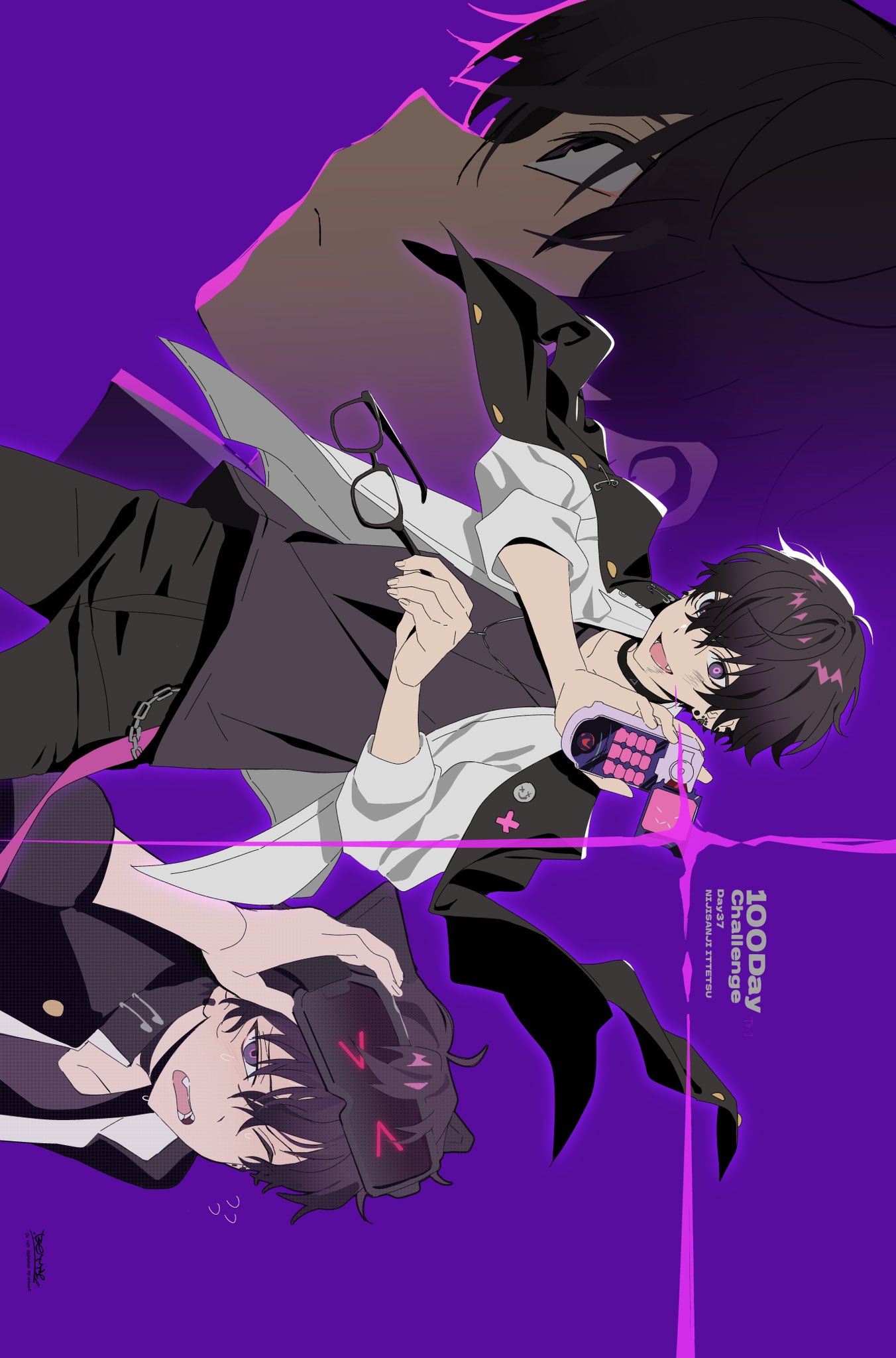 betti (xx betti), saiki ittetsu, nijisanji, highres, black choker, black hair, choker, crossed bangs, ear piercing, earrings, hair between eyes, jacket, jewelry, long sleeves, looking at viewer, male focus, multicolored eyes, open mouth, pants, piercing, purple eyes, shirt, short hair, smile, teeth, two-tone eyes