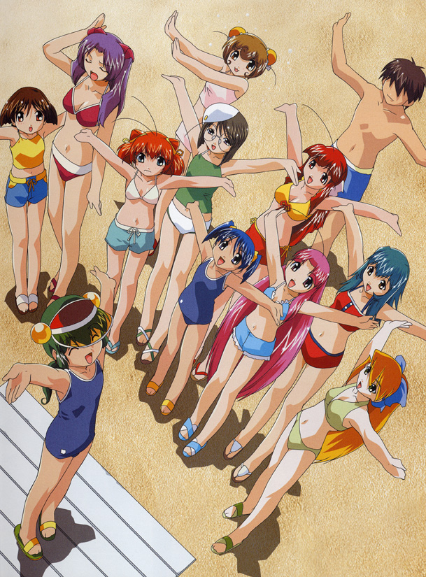 hamster no kurumi, hebi no yuki, inko no tsubasa, inu no nana, kaeru no ruru, kame no ayumi, kingyo no ran, kitsune no akane, mutsumi gorou, neko no tamami, saru no momo, tanuki no midori, usagi no mika, tenshi no shippo, 00s, 1boy, 6+girls, beach, bikini, everyone, flip-flops, from above, multiple girls, one-piece swimsuit, sandals, school swimsuit, standing, swimsuit, topless male
