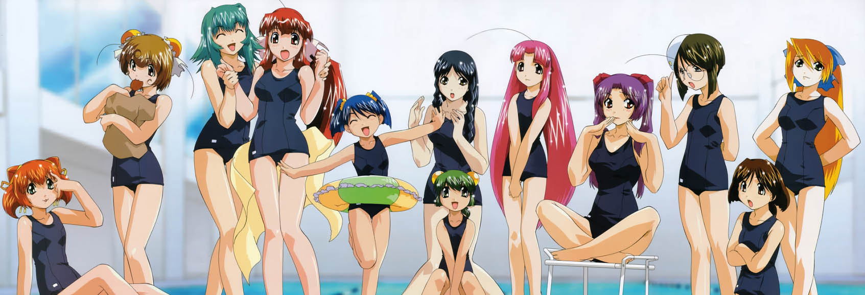 kobayashi takashi, hamster no kurumi, hebi no yuki, inko no tsubasa, inu no nana, kaeru no ruru, kame no ayumi, kingyo no ran, kitsune no akane, neko no tamami, saru no momo, tanuki no midori, usagi no mika, megami magazine, tenshi no shippo, highres, long image, wide image, 00s, 6+girls, :d, ^ ^, ahoge, black one-piece swimsuit, blonde hair, braid, brown hair, bun cover, closed eyes, crossed arms, double bun, everyone, glasses, green hair, hair bun, indian style, indoors, innertube, long hair, multiple girls, one-piece swimsuit, open mouth, orange hair, outstretched arms, pink hair, pool, poolside, purple hair, school swimsuit, sitting, smile, spread arms, standing, swim ring, swimsuit, thigh gap, twintails, v arms, window