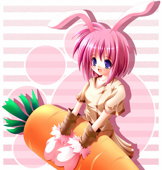 yamamoto nori, 1girl, animal ears, animal hands, blue eyes, carrot, female focus, pink hair, rabbit ears, solo