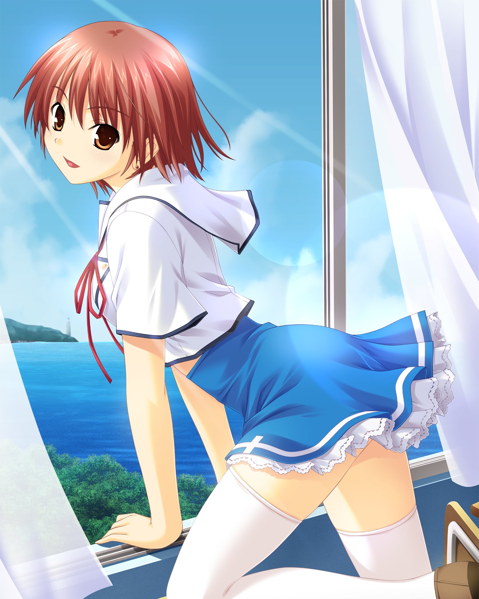 nekonyan, sawaki rinna, kono aozora ni yakusoku wo, highres, 00s, beach, brown eyes, brown hair, earrings, jewelry, leaning forward, midriff, school uniform, serafuku, short hair, skirt, smile, solo, thighhighs, water, white thighhighs, window, zettai ryouiki