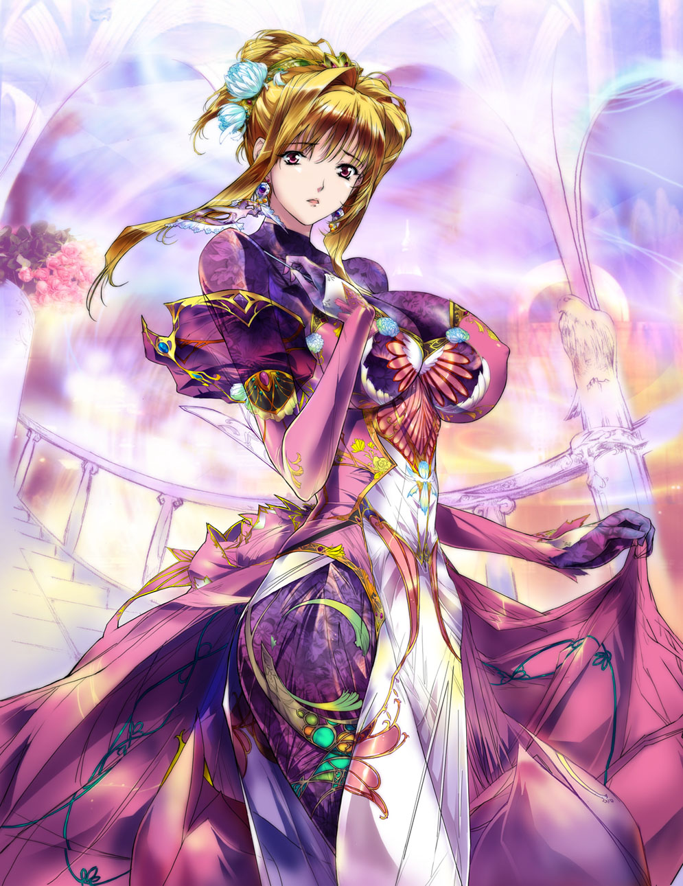 q azieru, original, highres, 1girl, blonde hair, breasts, covered erect nipples, dress, earrings, female focus, flower, gloves, hair bun, hair flower, hair ornament, huge breasts, impossible clothes, impossible shirt, jewelry, large breasts, long hair, looking at viewer, narrow waist, pink eyes, shirt, solo, tiara