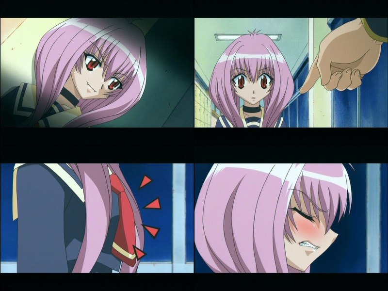 elda marker, karin, anime screenshot, 00s, 1girl, angry, choker, clenched teeth, closed eyes, fangs, flat chest, long hair, pointing, purple hair, red eyes, school uniform, teeth, vampire