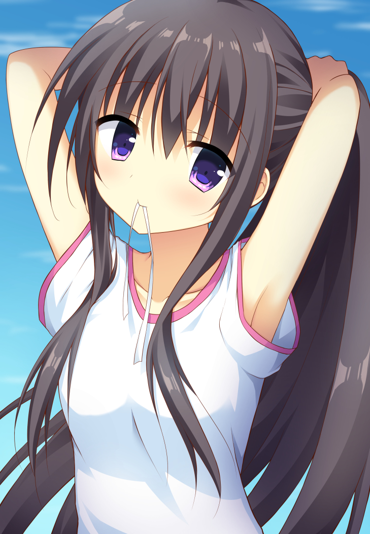 korokoro cat, nijouin hazuki, riddle joker, commentary request, 1girl, armpits, arms behind head, black hair, blue sky, blush, closed mouth, collarbone, day, eyes visible through hair, gym shirt, hair between eyes, holding, holding own hair, long hair, looking at viewer, mouth hold, outdoors, purple eyes, ribbon, ribbon in mouth, shirt, short sleeves, sidelocks, sky, smile, solo, straight hair, tying hair, upper body, very long hair, white ribbon, white shirt