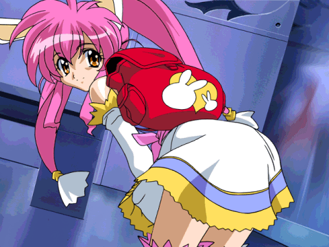 candy miki, juusou koujo metal princess, animated, animated gif, game cg, lowres, animal ears, ass shake, backpack, bag, bent over, brown eyes, detached sleeves, dutch angle, long hair, panties, pantyshot, pink hair, rabbit ears, randoseru, solo, standing, twintails, underwear
