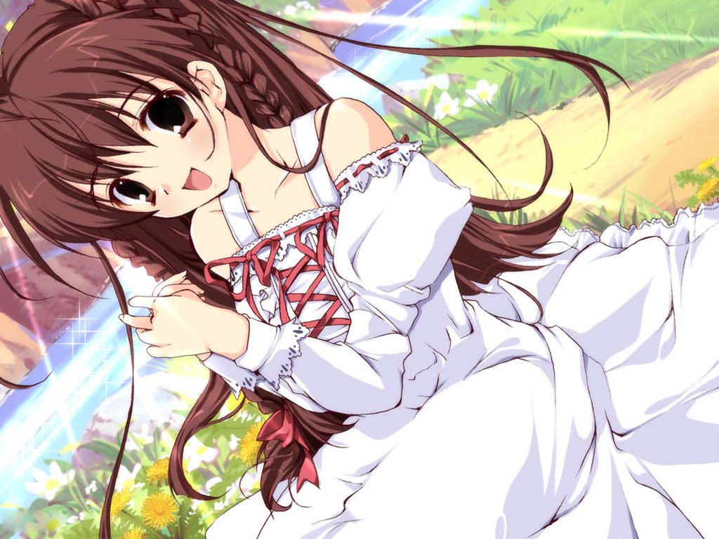 mikeou, karen (sister princess), sister princess, 00s, 1girl, bare shoulders, braid, brown eyes, brown hair, dandelion, dress, dutch angle, female focus, flower, happy, kneeling, long hair, nature, ribbon, river, smile, solo, sunlight, water