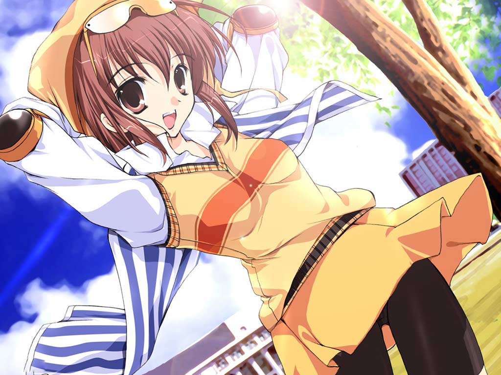 mamoru (sister princess), sister princess, 00s, 1girl, bike shorts, bike shorts under skirt, brown eyes, brown hair, day, elbow pads, eyewear on head, female focus, hat, long sleeves, shorts, shorts under skirt, skirt, sky, solo, sunglasses, sweater vest, tree, wind, wind lift