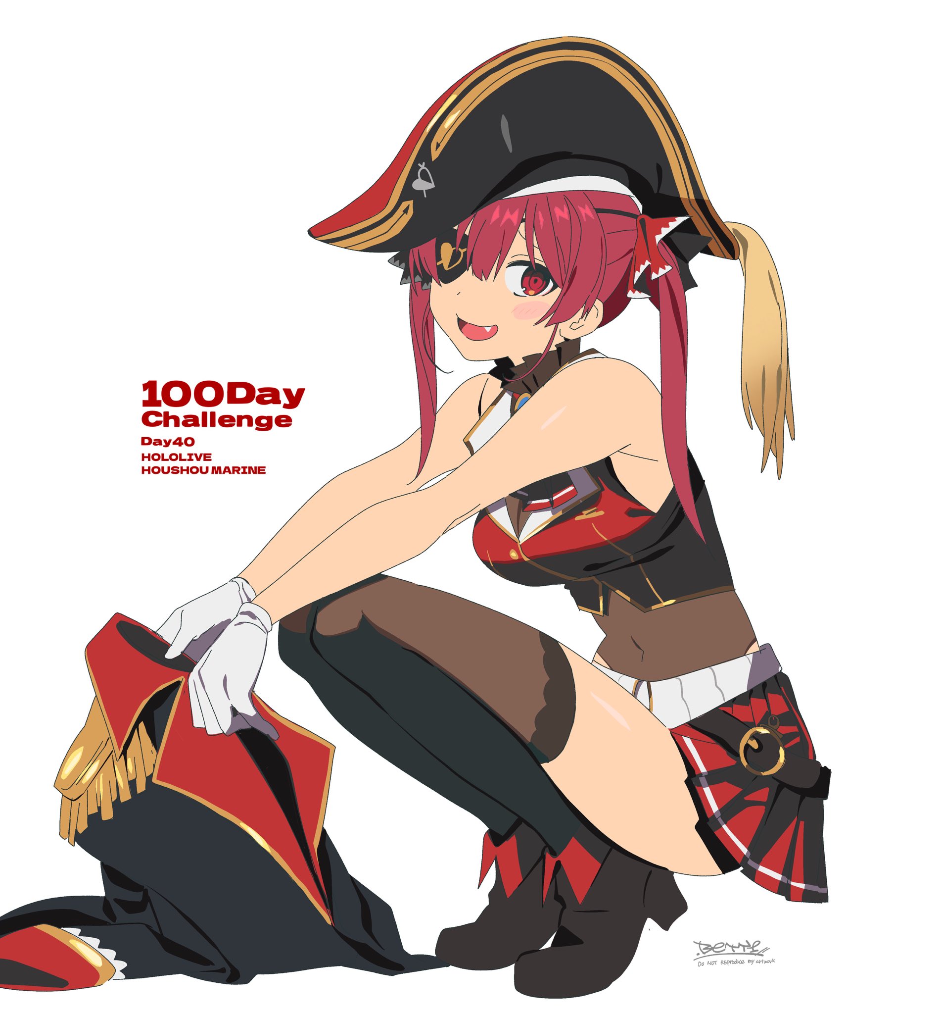 betti (xx betti), houshou marine, hololive, highres, 1girl, bare shoulders, blush, breasts, gloves, hair ribbon, hat, long hair, open mouth, pirate hat, red eyes, red hair, ribbon, skirt, smile, solo, thighhighs, twintails