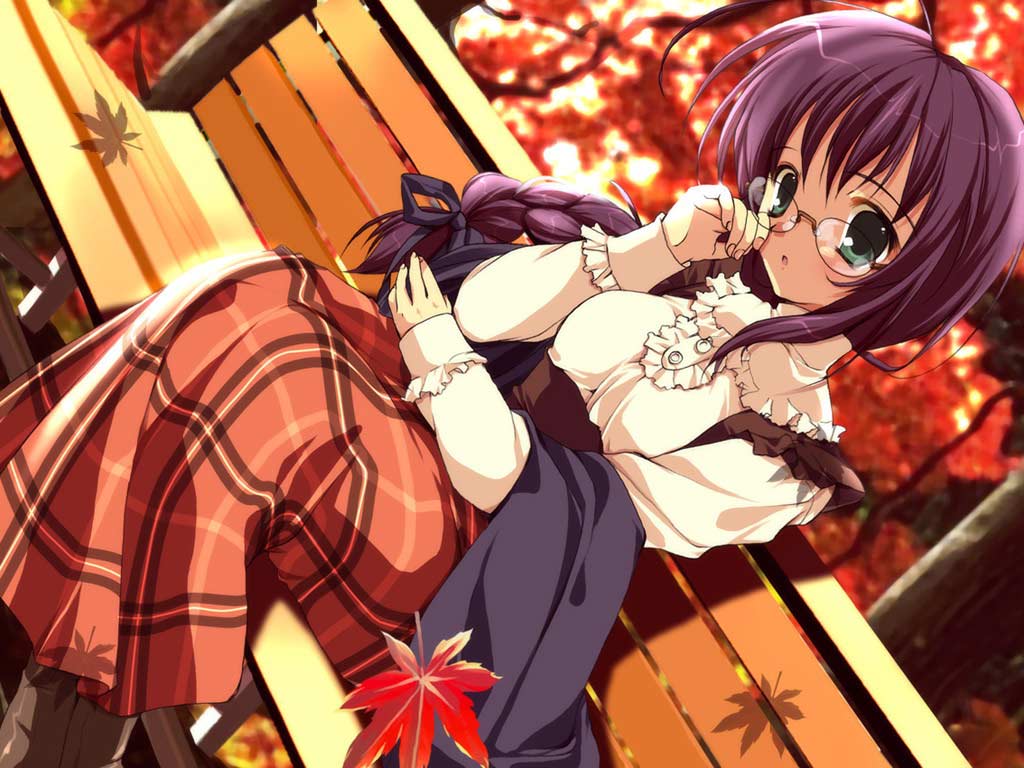 marie (sister princess), sister princess, 00s, 1girl, bench, braid, female focus, glasses, green eyes, leaf, purple hair, single braid, solo
