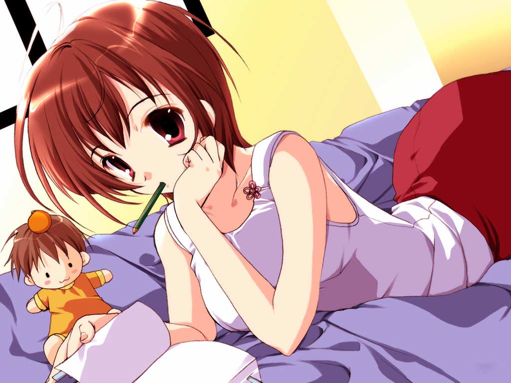 rinrin (sister princess), sister princess, 00s, 1girl, bed, book, brown hair, female focus, head rest, holding, holding book, lying, mouth hold, on stomach, pencil, red eyes, solo, wooden pencil