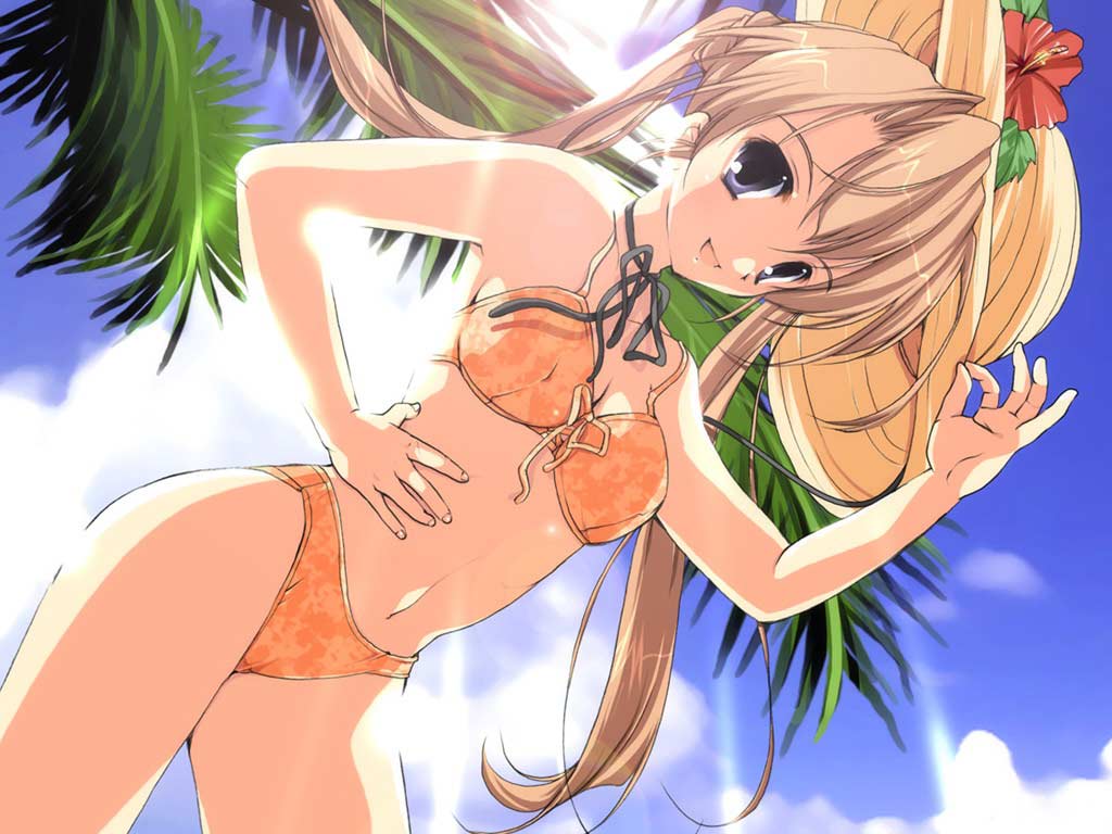 sakuya (sister princess), sister princess, 00s, 1girl, beach, bikini, blue eyes, brown hair, choker, day, female focus, flower, hat, hibiscus, orange bikini, outdoors, palm tree, solo, swimsuit, tree, twintails