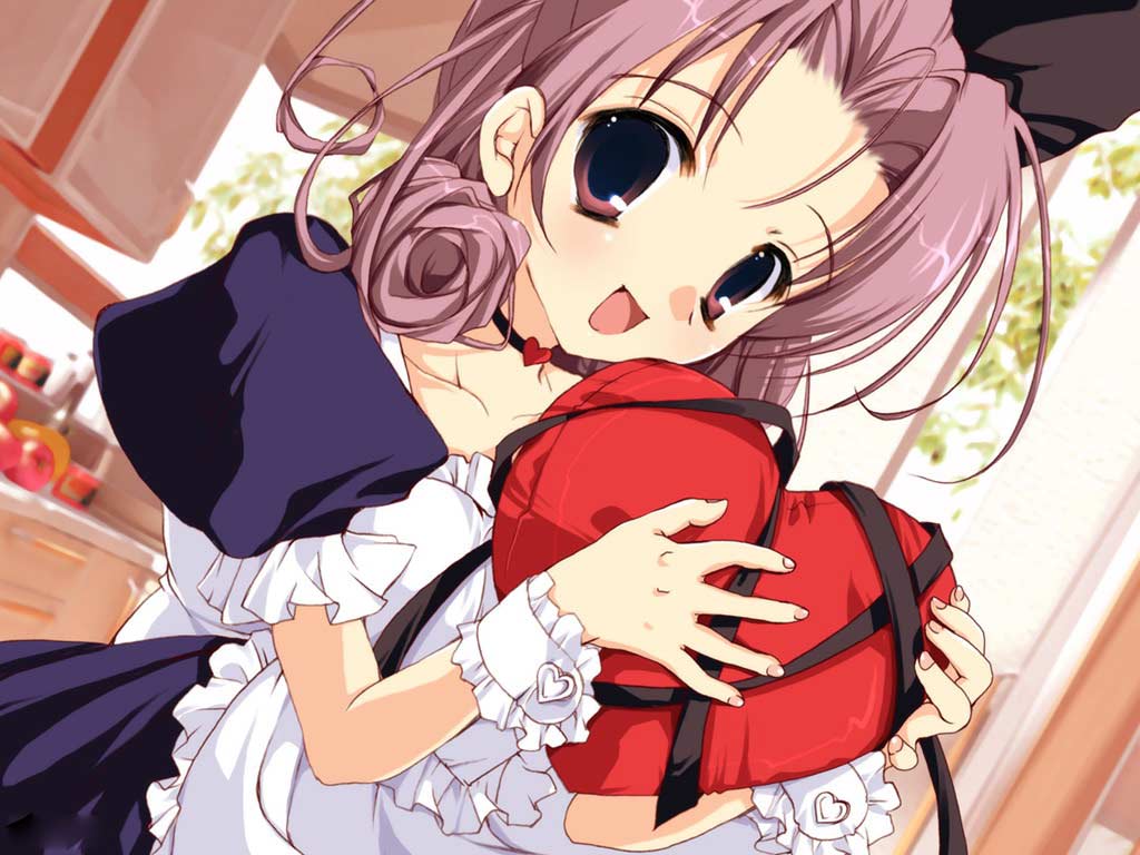 shirayuki (sister princess), sister princess, 00s, 1girl, :d, apple, apron, blue dress, blush, choker, close-up, dress, female focus, food, frills, fruit, heart, heart-shaped pillow, holding, indoors, kitchen, looking at viewer, open mouth, parted bangs, pillow, plant, purple eyes, purple hair, short hair, short sleeves, smile, solo, sunlight, tree, upper body