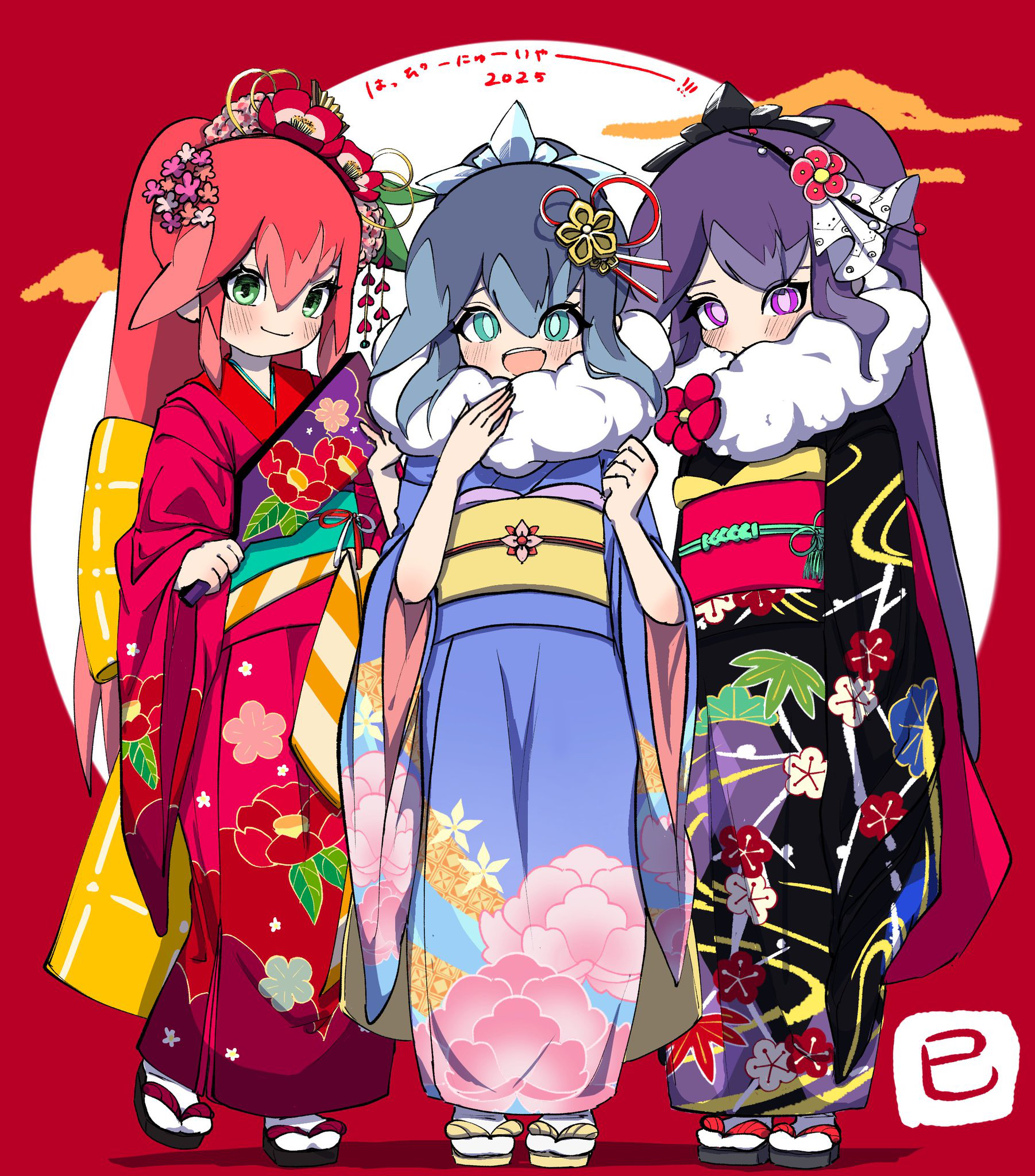 fubukihime, hyakkihime, tsubakihime (youkai watch), youkai watch, highres, 2025, 3girls, alternate costume, aqua eyes, black kimono, black shoes, blue hair, blue kimono, blush, bow, bright pupils, camellia print, closed mouth, colored tips, dated commentary, feather boa, floral print, floral print kimono, flower, full body, fur (clothing), furisode, green eyes, green sash, grey hair, hagoita, hair between eyes, hair flower, hair ornament, hands up, high ponytail, holding, holding paddle, huge bow, japanese clothes, kimono, long hair, looking at viewer, morning glory print, multicolored hair, multiple girls, new year, obi, obi bow, obiage, obijime, open mouth, paddle, peony print, ponytail, princess yokai, print kimono, purple eyes, purple hair, red background, red hair, red kimono, red sash, sandals, sash, shoes, sleeves past fingers, sleeves past wrists, smile, socks, standing, standing on one leg, string, traditional youkai, two-tone hair, white socks, yellow bow, yellow sash, yellow shoes, youkai (youkai watch), yuki onna, zouri