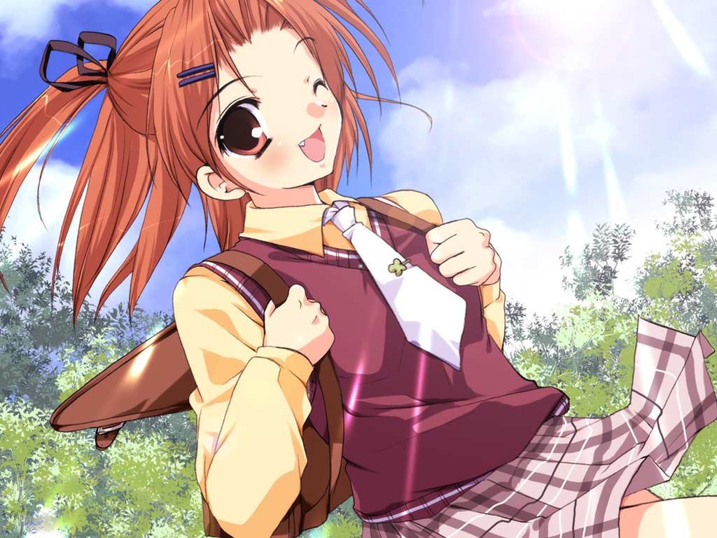 yotsuba (sister princess), sister princess, 00s, backpack, bag, open bag, plaid clothes, plaid skirt, randoseru, red eyes, red hair, school uniform, serafuku, skirt, solo, sweater, sweater vest, vest