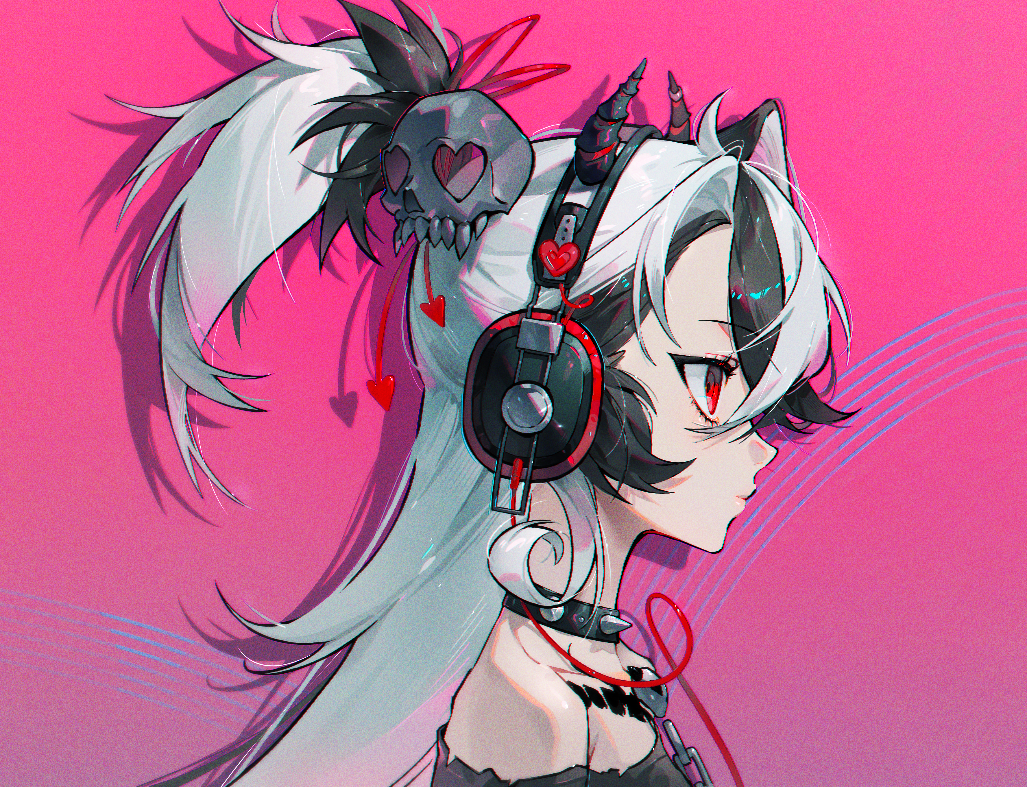 themoonrabbit, original, absurdres, commentary, highres, korean commentary, 1girl, black hair, chain, closed mouth, collar, demon horns, fake horns, from side, grey hair, hair ornament, headphones, heart, high ponytail, horns, long hair, looking ahead, multicolored hair, musical staff, pink background, ponytail, portrait, profile, red eyes, shadow, short ponytail, skull, skull hair ornament, solo, spiked collar, spikes, two-tone hair