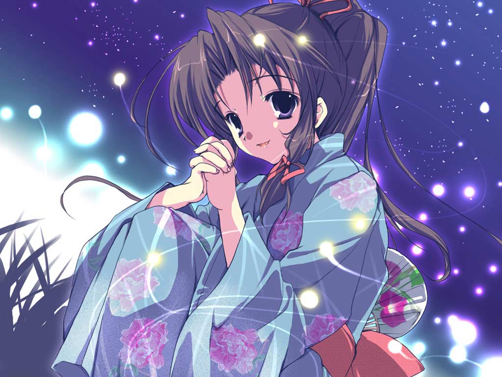 haruka (sister princess), sister princess, 00s, 1girl, :d, animal, blue eyes, brown hair, bug, female focus, fireflies, floral print, grass, hair over shoulder, hair ribbon, hand fan, interlocked fingers, japanese clothes, long hair, long sleeves, open mouth, paper fan, parted bangs, ponytail, praying, ribbon, rose print, sash, smile, solo, uchiwa