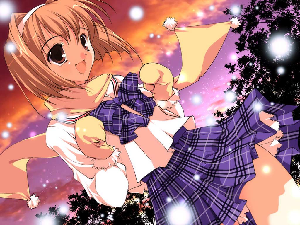 kaho (sister princess), sister princess, plaid neckwear, 00s, 1girl, :d, bow, bowtie, brown eyes, brown hair, cowboy shot, dutch angle, female focus, hairband, mittens, open mouth, orange scarf, plaid bow, plaid bowtie, plaid clothes, plaid skirt, pleated skirt, pom pom (clothes), scarf, school uniform, serafuku, skirt, sky, smile, snow, snowing, solo