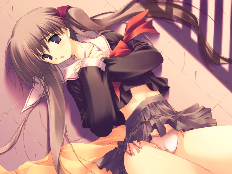 mitsumi misato, sumadera yukio, tenshi no inai 12-gatsu, game cg, 1girl, black hair, blue eyes, bow, female focus, long hair, lying, miniskirt, on back, panties, pink panties, pleated skirt, school uniform, serafuku, side-tie panties, skirt, solo, twintails, underwear, very long hair