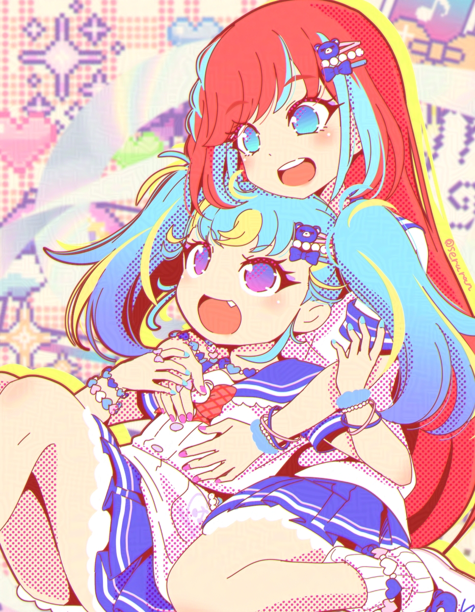 satsuki suzuran, hibino matsuri, hibino matsuri (primagista), myamu, pretty series, waccha primagi!, commentary request, highres, 2girls, :d, blue eyes, blue hair, blue sailor collar, blue skirt, bracelet, braid, chin rest, drop shadow, fang, hair ornament, hairclip, head on head, head rest, hug, hug from behind, jewelry, long hair, multicolored hair, multiple bracelets, multiple girls, nail polish, open mouth, pleated skirt, purple eyes, sailor collar, shirt, short sleeves, side braid, sitting, skirt, smile, streaked hair, twintails, very long hair, white shirt