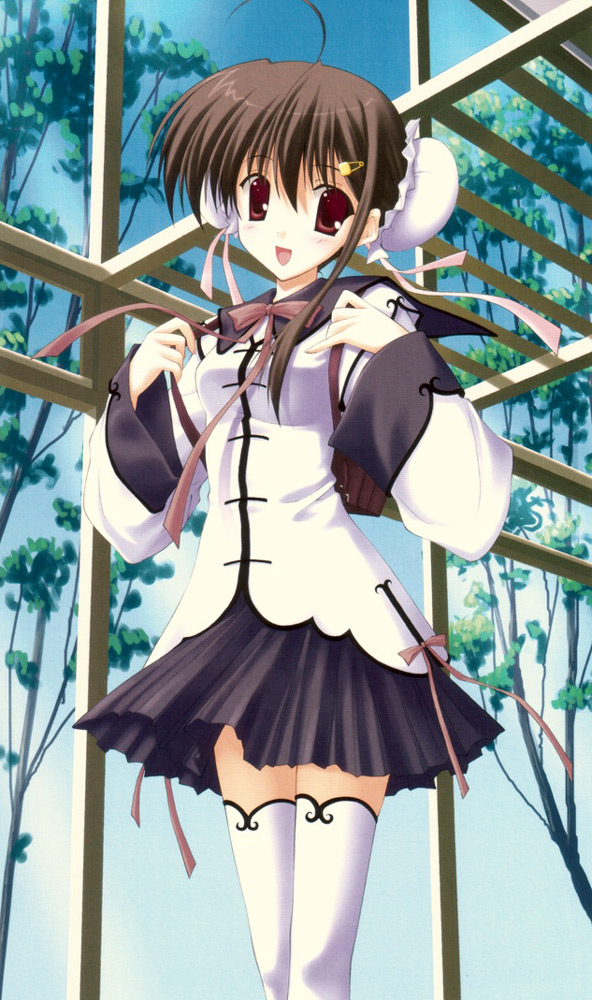 nanao naru, original, game cg, 1girl, ahoge, brown hair, bun cover, female focus, hair ornament, hairclip, pleated skirt, school uniform, serafuku, short hair, skirt, solo, thighhighs, white thighhighs, zettai ryouiki