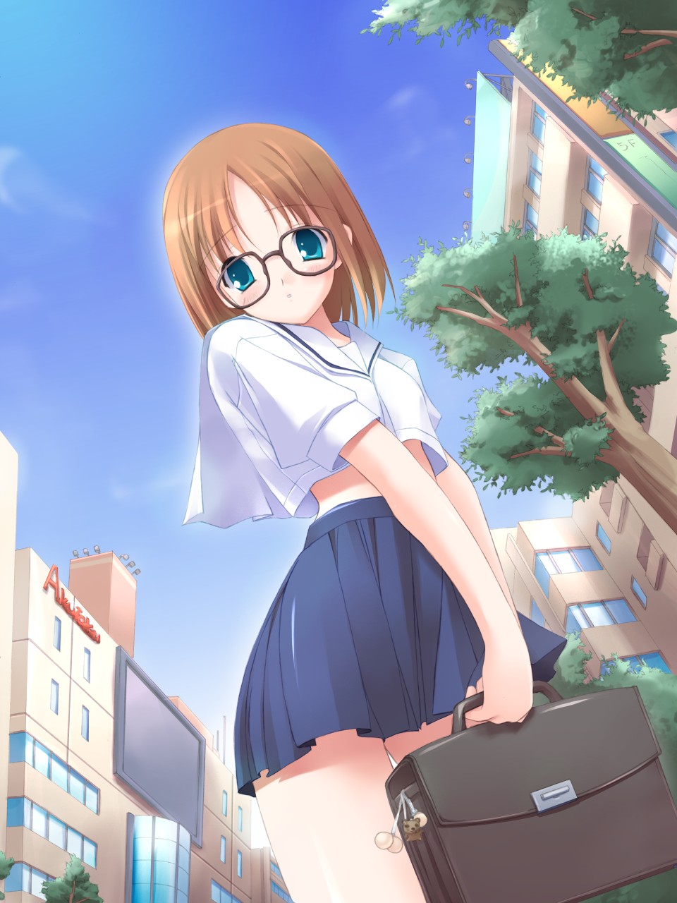 original, highres, backpack, bag, brown hair, flat chest, glasses, green eyes, handbag, pleated skirt, randoseru, school bag, school uniform, serafuku, short hair, skirt, solo