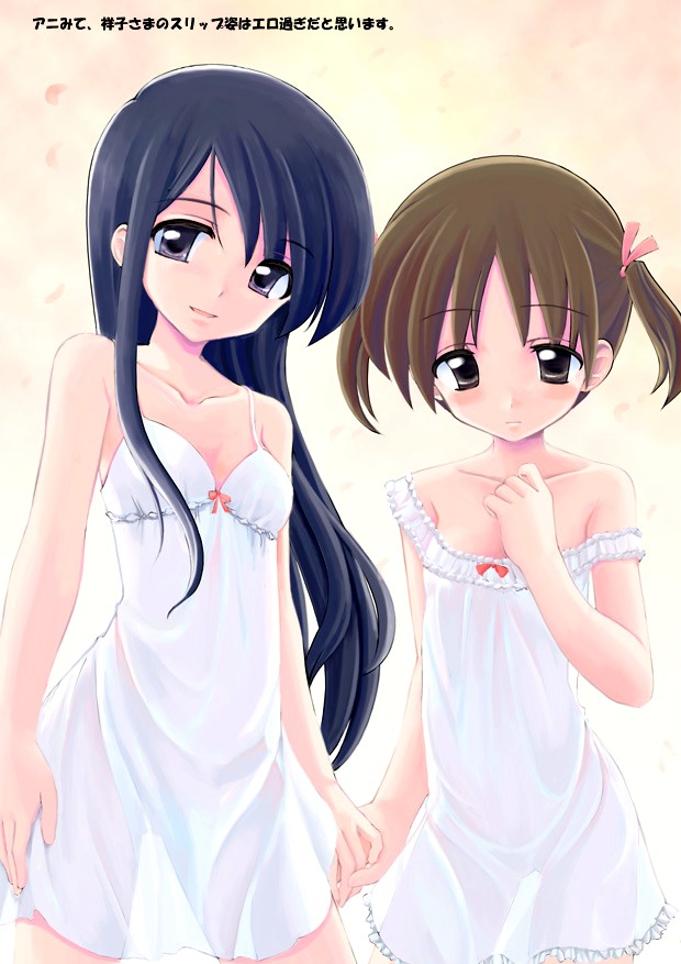 fukuzawa yumi, ogasawara sachiko, maria-sama ga miteru, 00s, 2girls, blue hair, brown eyes, brown hair, grey eyes, hair ribbon, holding hands, lingerie, long hair, looking at viewer, multiple girls, nightgown, off shoulder, ribbon, see-through silhouette, short twintails, twintails, underwear