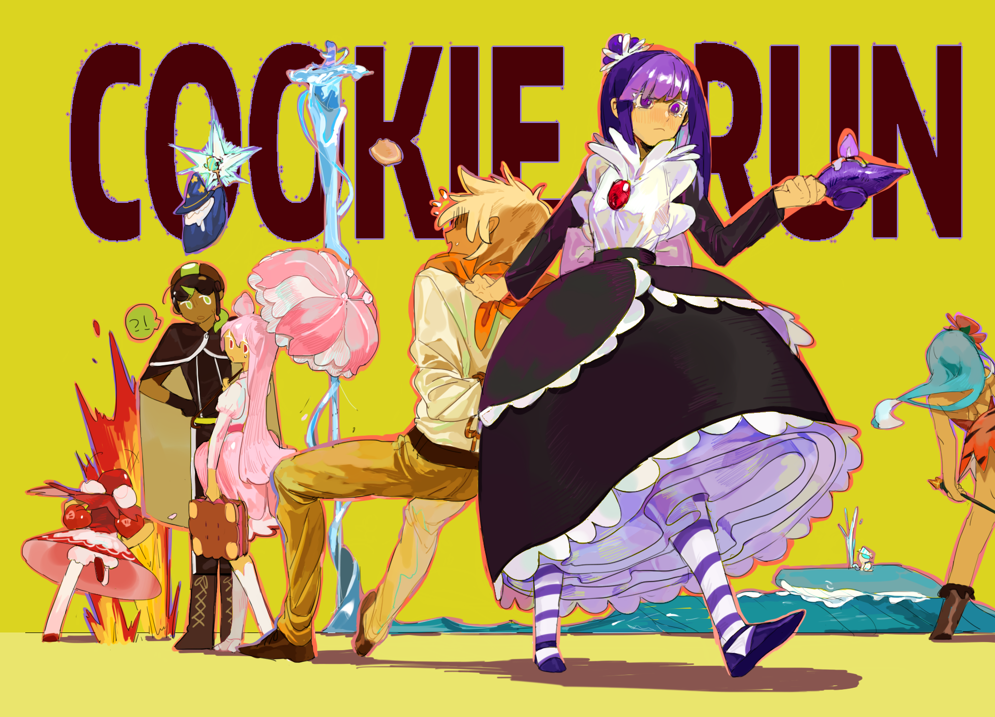 adventurer cookie, blackberry cookie, cherry blossom cookie, cherry cookie, peppermint cookie, tiger lily cookie, wizard cookie, cookie run, chinese commentary, commentary request, highres, !?, 1other, 3boys, 4girls, animal print, aqua hair, arms behind back, bag, bandana, bandana around neck, belt, black dress, blonde hair, blue cloak, blue hair, blue hat, bomb, boots, bound, brooch, brown bag, brown belt, brown boots, brown cape, brown gloves, brown helmet, brown pants, brown shirt, brown shoes, candle, cape, cloak, closed mouth, copyright name, dark-skinned female, dark-skinned male, dark skin, dragging, dress, explosion, explosive, flower, flying sweatdrops, gloves, goggles, goggles on headwear, green eyes, green hair, hair flower, hair ornament, hat, helmet, holding, holding bag, holding bomb, holding candle, holding umbrella, holding wand, hood, hood up, humanization, jewelry, juliet sleeves, kiwi cookie, long dress, long hair, long sleeves, multiple boys, multiple girls, omega836, open mouth, orange bandana, orange dress, orange flower, outline, pants, pantyhose, parasol, pink hair, pink skirt, ponytail, print dress, puffy sleeves, purple eyes, purple hair, purple pantyhose, purple shoes, red brooch, red cape, red dress, red eyes, red shoes, shirt, shoes, short hair, simple background, skirt, small sweatdrop, socks, speech bubble, spoken interrobang, striped clothes, striped pantyhose, tied up (nonsexual), tiger print, twintails, umbrella, wand, water, whale, white hair, white pantyhose, white shirt, white shoes, white socks, wizard hat, yellow background