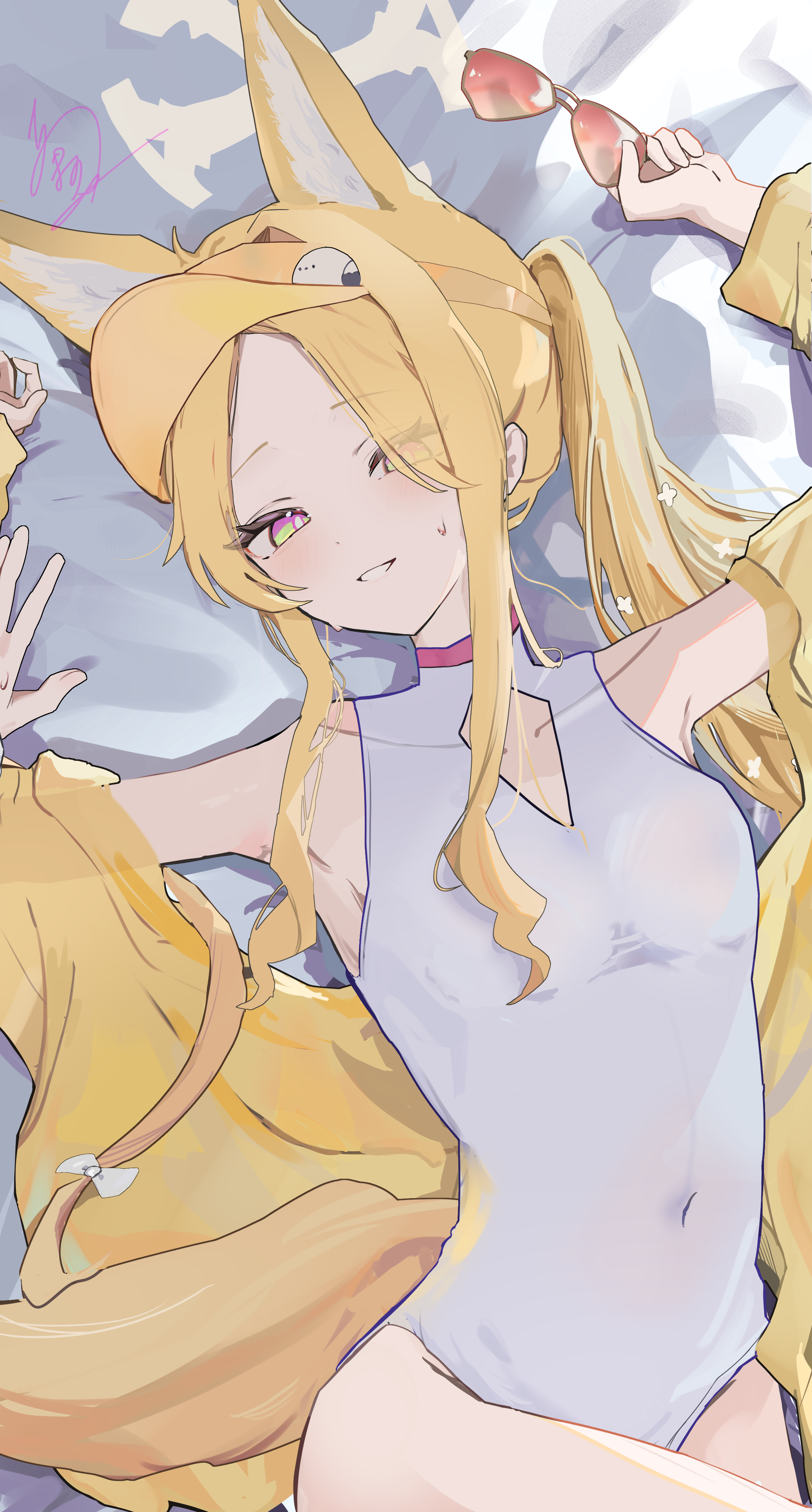 seia (blue archive), seia (swimsuit) (blue archive), blue archive, absurdres, highres, 1girl, amanome121, animal ear fluff, animal ears, bird, cross halo, forehead, fox ears, fox girl, halo, jacket, long-tailed tit, official alternate hairstyle, one-piece swimsuit, pov, pov hands, swimsuit, tinted eyewear, tit (bird), visor cap, white bird, white one-piece swimsuit, yellow halo, yellow jacket, yellow visor