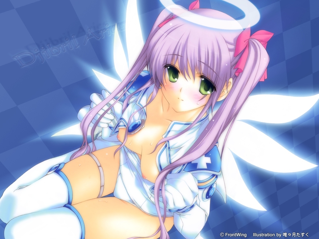 iizuki tasuku, djibril aries, jinno hikari, makai tenshi djibril, makai tenshi djibril 2, light purple hair, 1girl, :|, angel, angel wings, artist name, blue background, blush, boots, breasts, breasts out, brooch, character name, checkered background, closed mouth, clothes pull, crop top, cross, dutch angle, female focus, flat chest, from above, gem, gloves, glowing, glowing wings, green eyes, hair over shoulder, hair ribbon, halo, high collar, jewelry, long hair, looking at viewer, magical girl, nipples, no bra, one-piece swimsuit, one-piece swimsuit pull, open clothes, open shirt, purple hair, red cross, ribbon, sailor collar, school swimsuit, seiza, shirt, short sleeves, shoulder pads, sidelocks, sitting, small breasts, smile, solo, strap pull, sweat, swimsuit, swimsuit costume, thigh boots, thigh gap, thigh strap, thighhighs, thighlet, traditional halo, twintails, undressing, very long hair, white gloves, white one-piece swimsuit, white school swimsuit, white thighhighs, wings