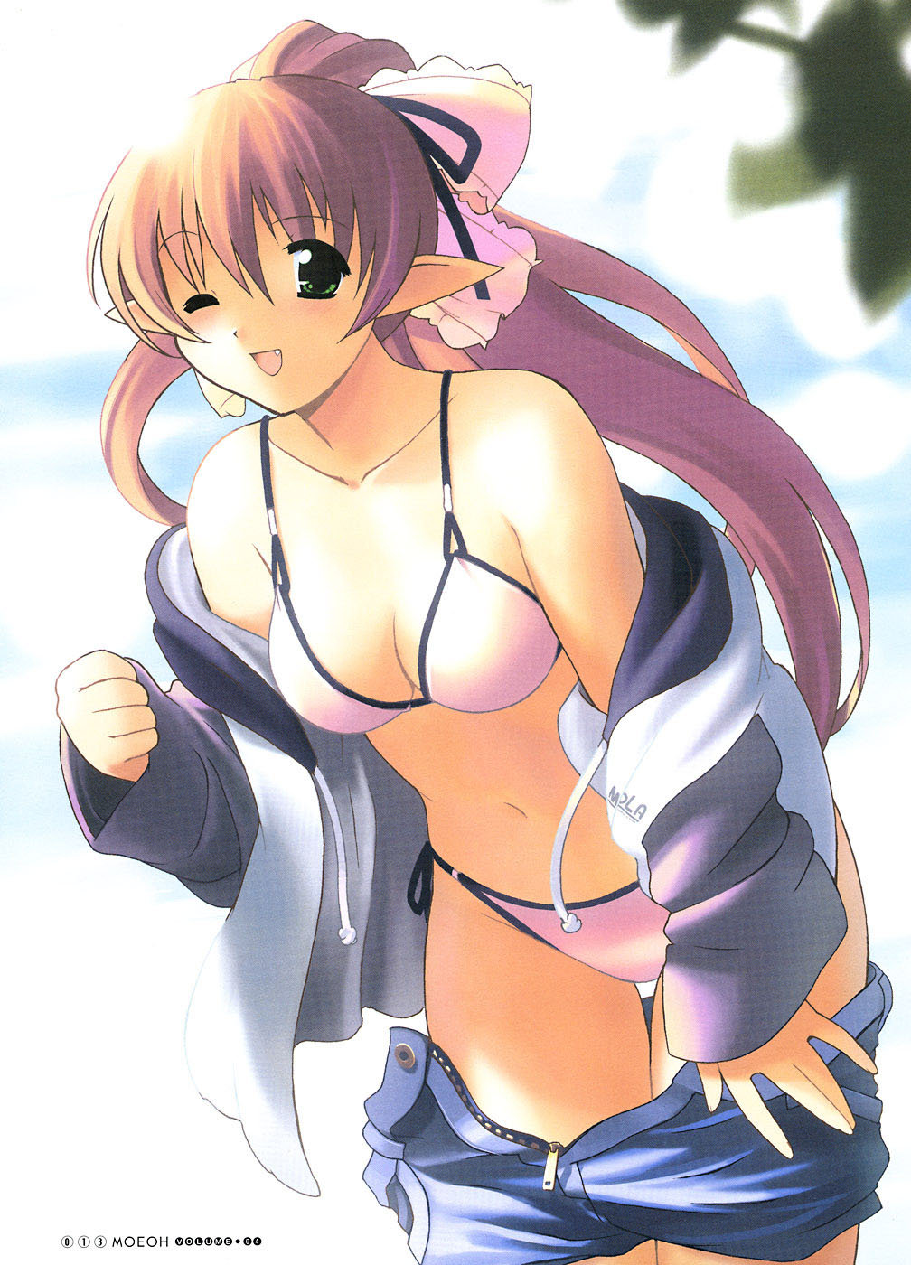 jiji (aardvark), dengeki moeoh, highres, 1girl, bikini, bikini under clothes, clothes pull, cowboy shot, elf, fang, female focus, green eyes, high ponytail, long hair, off shoulder, one eye closed, pink bikini, pointy ears, ponytail, side-tie bikini bottom, solo, swimsuit, swimsuit under clothes, undressing, wink