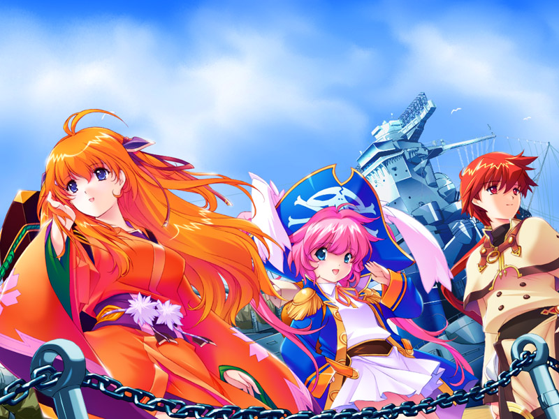 min-naraken, captain vanilla, kusushi, leopold, yamato, galzoo island, game cg, 3girls, antenna hair, battleship, blue eyes, cloud, day, hair ribbon, hat, japanese clothes, long hair, military, military vehicle, multiple girls, orange hair, pink hair, pirate, purple eyes, red eyes, red hair, ribbon, ship, short hair, skirt, skull print, sky, thighs, twintails, warship, watercraft, wind