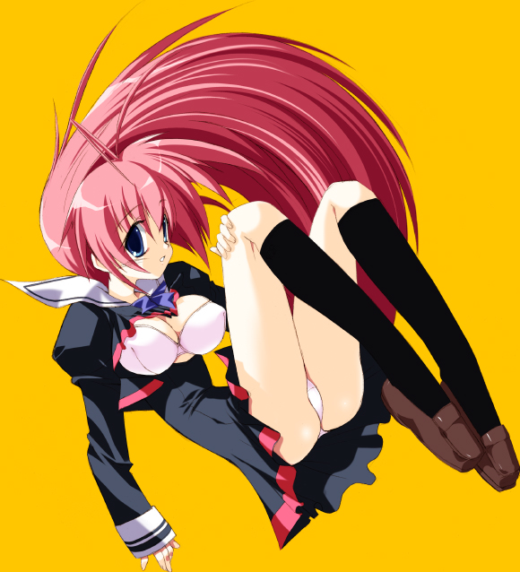 ken plus, 1girl, black socks, blue eyes, bra, dress, female focus, kneehighs, lingerie, long hair, open clothes, open dress, panties, pantyshot, red hair, shoes, sitting, socks, solo, underwear, upskirt, very long hair, white bra