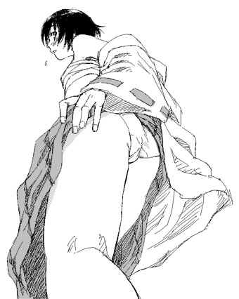 satou atsuki, lowres, greyscale, japanese clothes, miko, monochrome, panties, sarashi, solo, underwear
