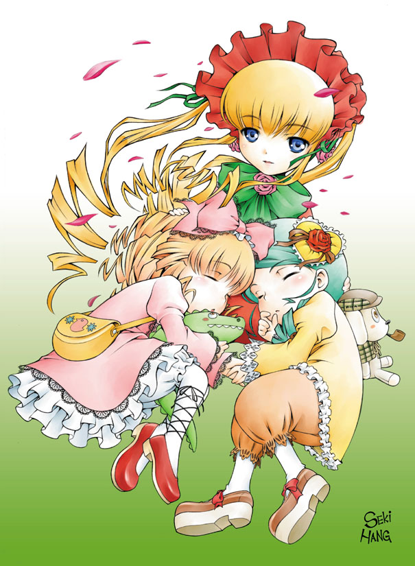 sekihan, hinaichigo, kanaria, kunkun, shinku, rozen maiden, red footwear, white legwear, bad source, 00s, 3girls, artist name, bag, blonde hair, blue eyes, bonnet, bow, closed eyes, dress, drill hair, flower, frills, full body, gradient background, green background, green hair, hair bow, hair ornament, hand on another's head, holding hands, lap pillow, long hair, long sleeves, looking at viewer, lying, multiple girls, pantyhose, petals, pink bow, pink dress, rose, shoes, simple background, sleeping, smoking pipe, truth crocodile, twintails, wind