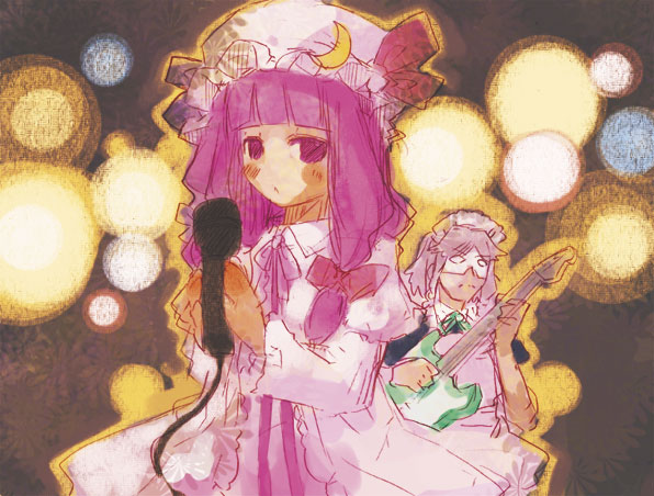 momiji mao, izayoi sakuya, patchouli knowledge, touhou, 2girls, blurry, bokeh, crescent, depth of field, female focus, guitar, hat, instrument, long hair, microphone, mob cap, multiple girls, pink hair