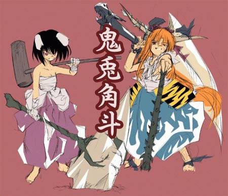 konoe yuba, ibuki suika, inaba tewi, touhou, lowres, 2girls, barefoot, black hair, club, club (weapon), female focus, kanabou, multiple girls, orange hair, sarashi, weapon
