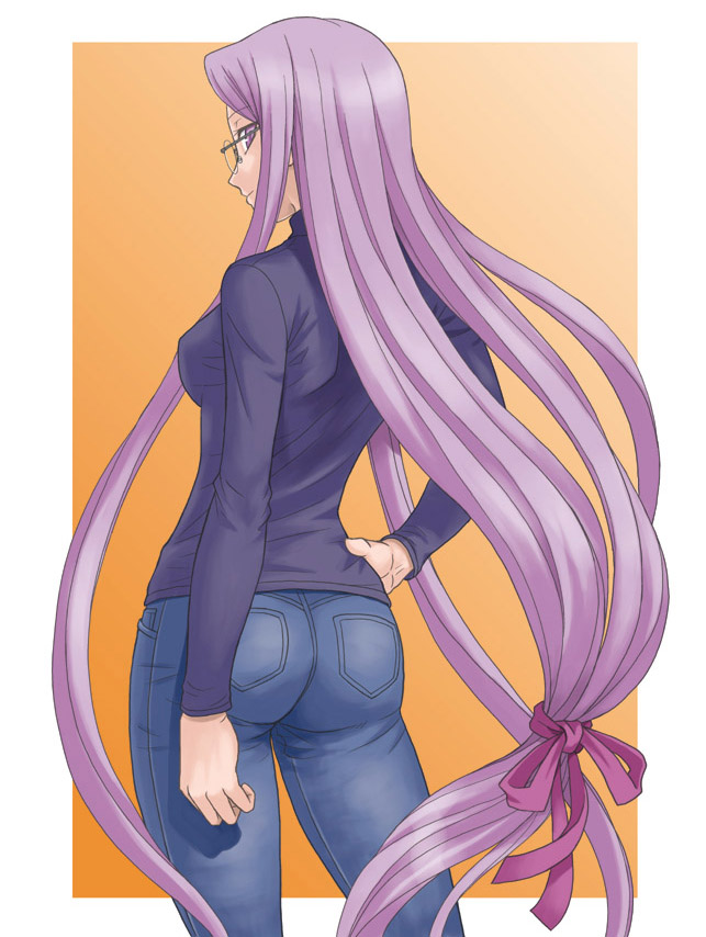 hida tatsuo, medusa (fate), medusa (rider) (fate), fate/stay night, fate (series), 00s, 1girl, ass, denim, female focus, glasses, hand on own hip, hip focus, jeans, long hair, looking back, low-tied long hair, official alternate costume, pants, purple hair, solo, square pupils, very long hair